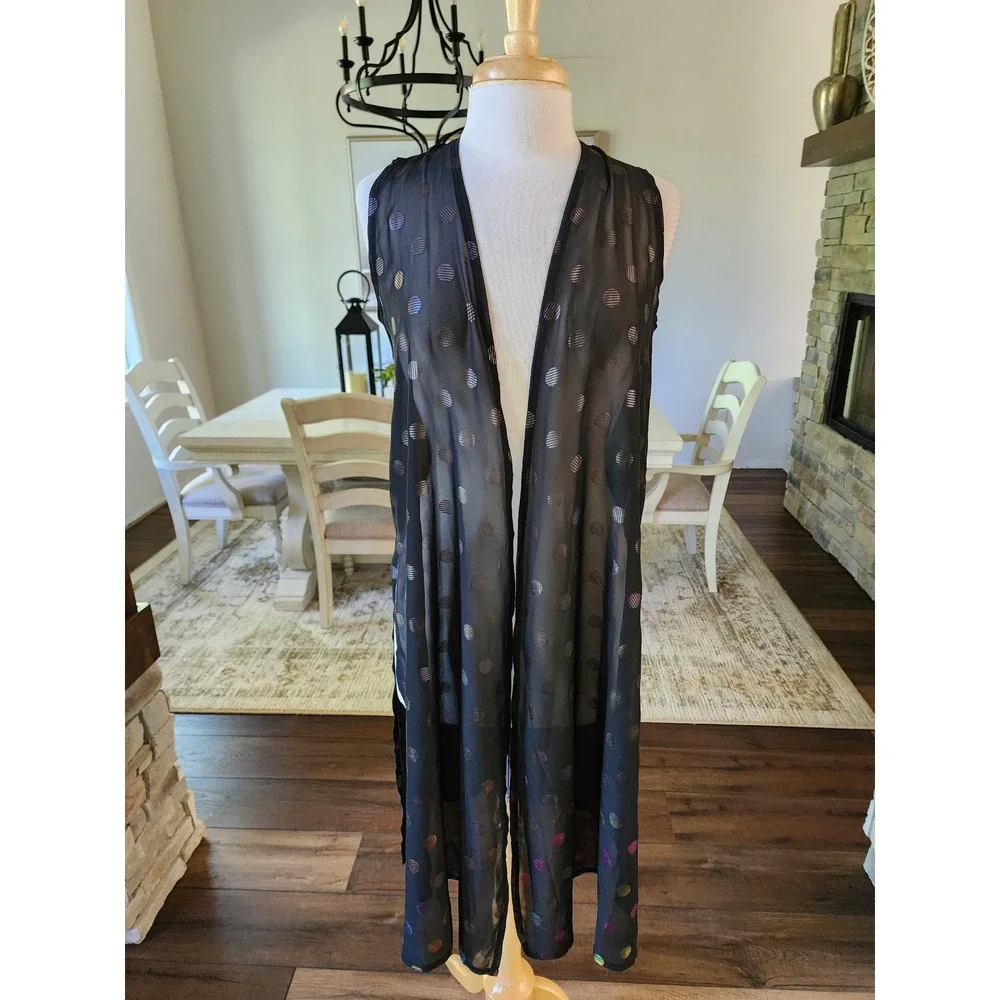 LuLaRoe Shirley Kimono Vest Small Black Iridescent Dots Sheer Long Duster‎ Goth